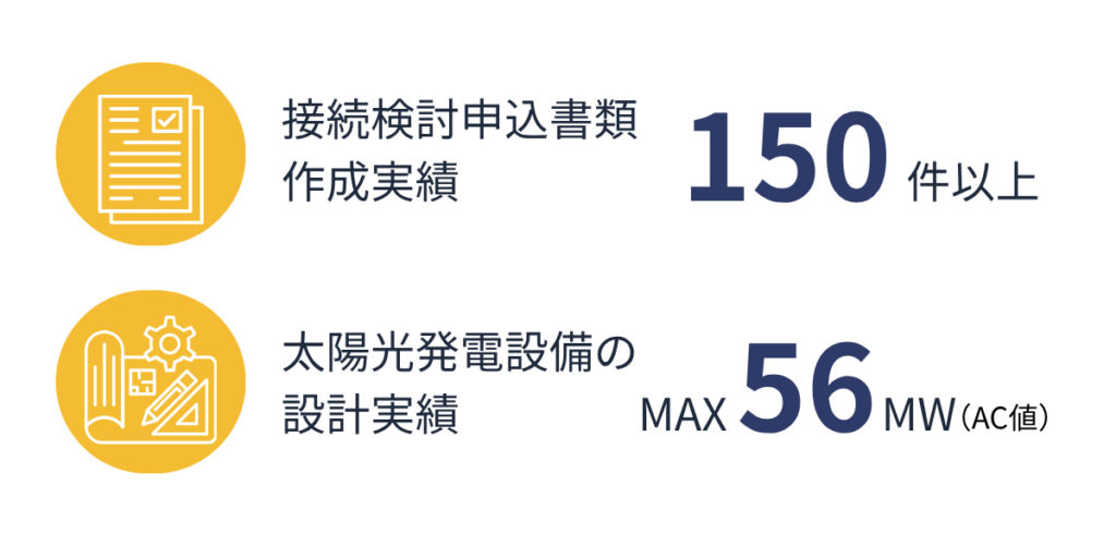 接続検討申込書類作成実績150件以上|太陽光発電設備の基本設計実績MAX56MW(AC値)